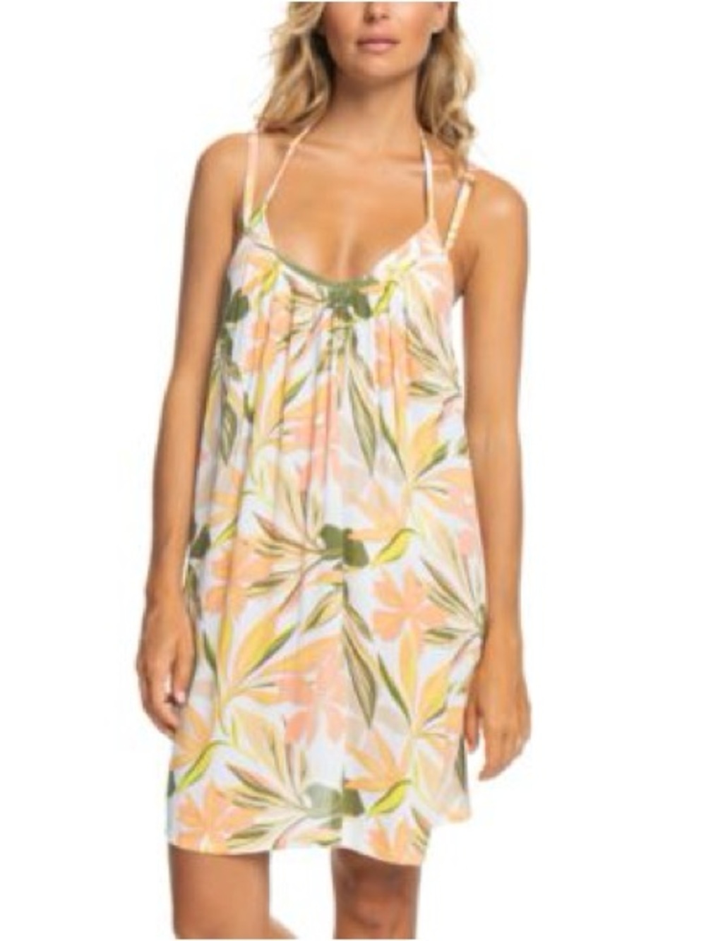 Roxy Peach and Green Floral Spaghetti-Strap Swim Coverup